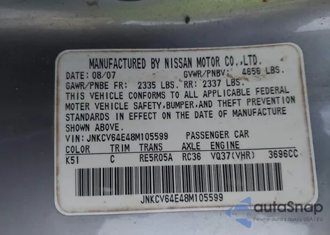 2008 Infiniti G37 Journey z USA, uszkodzony, nr VIN JNKCV64E48M105599